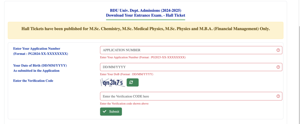 Bharathidasan University Hall Ticket 2025 
